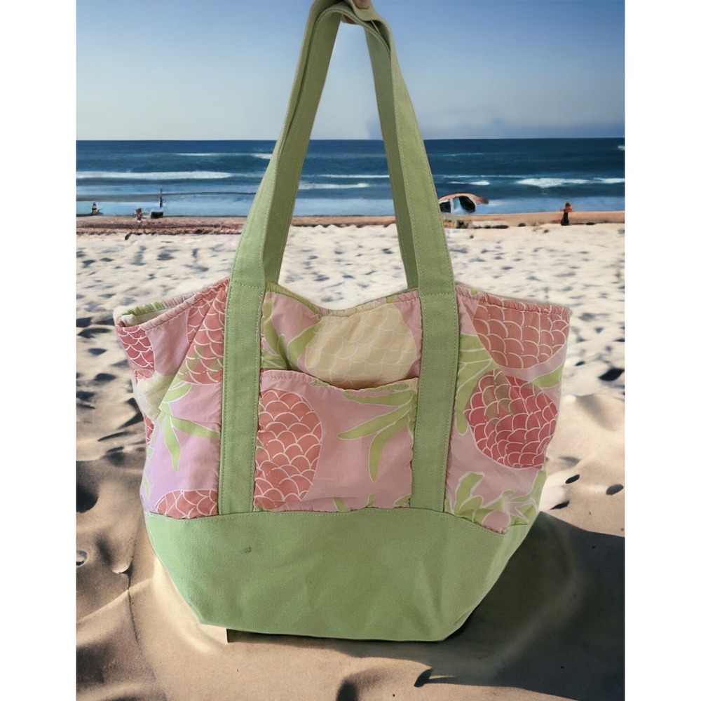 VTG Lilly Pulitzer Pink Green Pineapple Canvas Snap Top‎ Tote Beach Preppy Boho